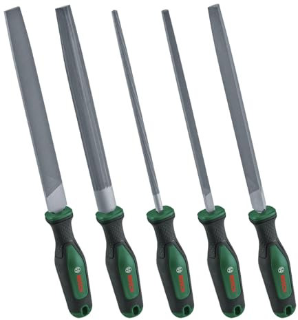 Bosch File Set 5-Piece (Robust Metal File Set incl. Round/Half-Round/Flat/Triangular/Square Files; Hard Carbon Steel; Shaft Length 200mm; Medium Stroke 2; Ergonomic Softgrip)