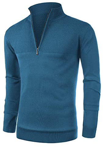 Anelune Pullover Herren Rollkragenpullover 1/4 Zip Neck Troyer Feinstrick Sweater Business Arbeitspullover Herren Blau S