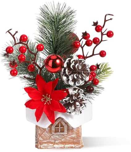 Kleiner Weihnachtsbaum Kunstpflanze im topf, 30cm Hoch Künstlicher Weihnachtsbaum Tischdekoration mit Apfel, Tannenzapfen und Beere für Weihnachten, Party, Heimdekoration (Stil D)