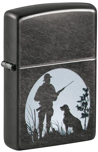 Zippo - Briquet tempête, Motif Chasseur avec Chien, Gris, Impression colorée Color Image, Rechargeable, réutilisable, Coupe-Vent, boîte Cadeau, fabriqué aux États-Unis