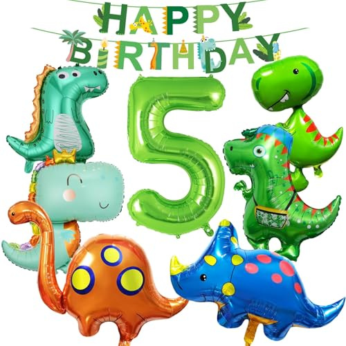 12 Stück Dino Luftballon Set, Dino Geburtstag Deko 5 Jahre Jungen Mädchen | Dinosaurier Folienballon, mit Zahl-5-Ballon, Banner & Zubehör, Dinoparty Deko, für Kindergeburtstag, Dschungelmotto