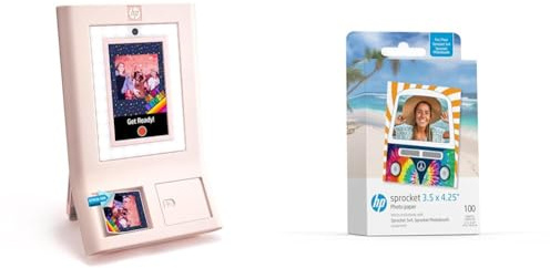 HP Sprocket Photobooth Instant 3x4” Color Photo Printer (Pink) Capture & Customize with 250+ Frames Sprocket 3.5 x 4.25” Zink Sticky-Backed Photo Paper (100 Pack)