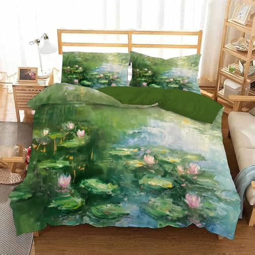 JEDTAKCT Reversibel Bettwäsche 135X200Cm Ölgemälde Seerosen Druck Warm Weiche Bettwäsche Set Weihnachten Microfaser Vintage See Druck Bettbezug Kissenbezug 80X80Cm Mit Reißverschluss