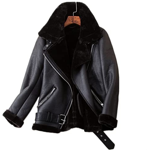 Mujeres Invierno Cordero Chaquetas de Lana Cuello De Piel Con Cremallera Parka Con Cremallera Caliente Gruesa Ropa Exterior Ropa Exterior de Cuero Chaqueta de Cuero de Piel de Cordero de Cuero, Negro
