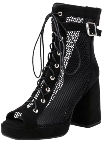 XIEPP Women's Fashion Peep Toe Mesh Boots Lace up Summer Ankle Boots Zipper Booties