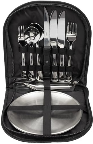 Black Snake Edelstahl Camping Geschirr Set - Teller, Besteck, Grillzange & Steakmesser - Mit Transporttasche - Langlebig - Perfekt für Outdoor & Picknick - 2 Personen - Set