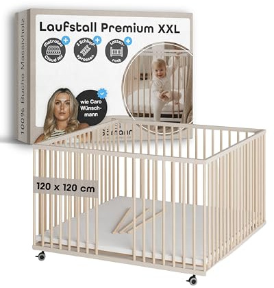 Sämann XXL Baby Laufstall aus Holz I Laufgitter 120x120 cm Sahara Dust/Natur I höhenverstellbar I inkl. Cloud Air Matratze, Lattenrost & Schlupfsprossen I Gummierte Rollen & TÜV geprüft
