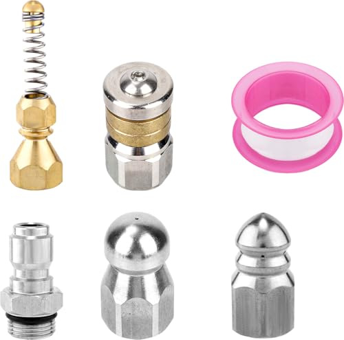 lasuroa 6pcs Sewer Jetter Nozzle Kit with Quick Connector & Tape, Stainless Steel Drain Sprayer Nozzle Sewer Cleaning Tools for Pressure Washer 5000 PSI