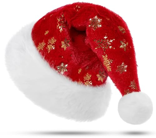 KONVINIT Weiße Weihnachtsmütze für Erwachsene, große Weihnachtsmütze aus Plüsch mit Pailletten, Plüsch-Weihnachtsmannmütze für Weihnachtsfeier oder Kostüm