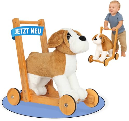 Unique Nature Gehhilfe-Hund „Berny“ – Lauflernwagen Baby Holz mit Melodie, Plüschbezug, leisen Rädern | Motorikspielzeug ab 1 Jahr, Lernspielzeug & Baby Spielzeug