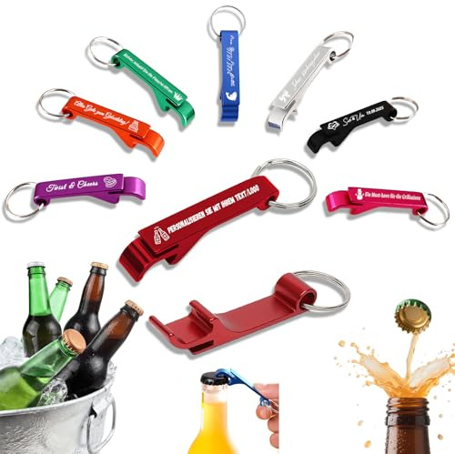 10-100 personalisierte Flaschenöffner-Schlüsselanhänger, können mit Text und Logo graviert werden, personalisierter multifunktionaler Flaschenöffner, geeignet für Hochzeiten, Bars (50)