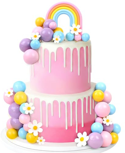 39pcs Ball Cake Toppers-pastel Cake Balls DIY Flower Rainbow Cake Decorations for Girl Macaroon Birthday Baby Shower Boho Groovy Party (PinkPurple)