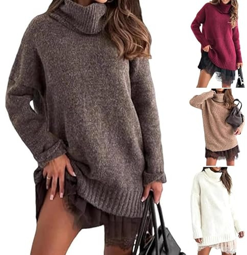 Ensemble Mini Robe Et Pull à Col Roulé pour Femme Chic Et Elegant 2 Pièces Manches Longues Grande Taille Doux Pullover Et Robe Débardeur avec Bordure en Dentelle Automne Hiver Costume de Loisirs