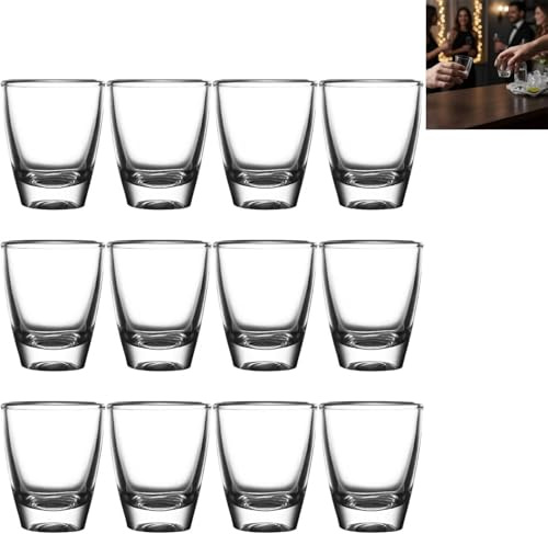 STOUCLA Äggformade snapsglas, sats om 12, kristallklara shotglas, 35 ml, transparent shot-glas, små likörglas, tjocka glasmuggar, för familj barer, catheringar, helgdagar