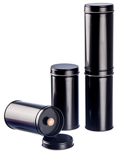 Rimoco 6 schmale Teedosen schwarz für losen Tee mit extra Aromadeckel inkl. Etiketten | stapelbar | Höhe: ca. 14 cm, Ø ca. 6,6 cm (für ca. 100g Tee) | BPA-frei und lebensmittelecht