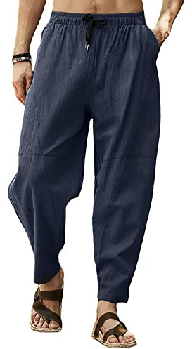 Mens Baggy Cotton Trousers Smart Casual Summer Lightweight Comfy Drawstring Loose Fit Wide Leg Harem Pants with Pocket for Yoga Beach Lounge Hippy-Blue-XL