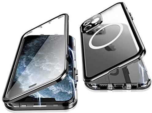 Jonwelsy Hülle für iPhone 11 Pro Max, 360 Grad Beidseitig Schutz Kompatibel mit Magsafe Magnetische Adsorption Metallrahmen Case Vorne Glas Hinten Frosted PC Cover Handyhülle für 11 Pro Max (Schwarz)