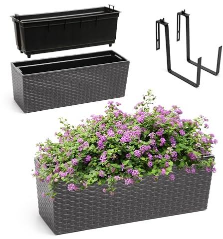 KADAX Blomlåda av plast, 18,5 x 56 cm, växtlåda med insats, väderbeständig balkonglåda, rektangulär blomkruka för utomhusbruk (med hållare, rottingmönster, grafit)