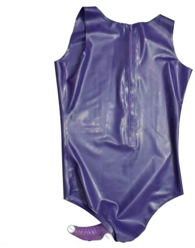 Latex-Badeanzug mit Penis-Kondom Runder Kragen Rückenreißverschluss Latex-Catsuit Gummi-Bodysuit-Trikot, Transbraun mit Schwarz, XXL