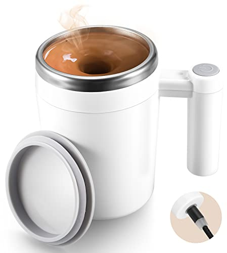 Self Stirring Coffee Mug: Rechargeable Automatic Self Stirring Mug with Magnetic Stirrer and Lid,Travel Coffee Cup for Milk/Cocoa/Office/Travel/Best Gifts 13oz (White)