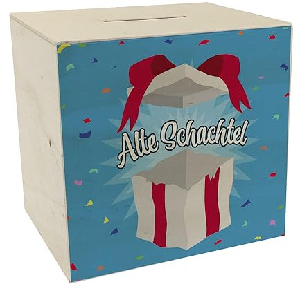 Alte Schachtel Spardose aus Holz mit Geburtstagsgeschenk-Motiv als lustige Geschenkidee zum Geburtstag für die Großeltern oder eine Person, der Man eins auswischen Will