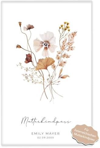 Joli Coon Mutter Kind Passhülle Österreich Herbstblume personalisiert | Passgenaue Kunststoffhülle, Dokumentenfach für Karten und Ultraschallbilder, Name und optionales Geburtsdatum