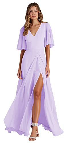 WSEYU Robes de demoiselle d'honneur longues à col en V avec fente en mousseline de soie A-Line Robes de bal à manches courtes avec poches C140, lilas, 36