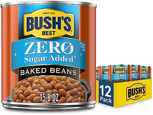 BUSH'S BEST 15.8 oz Canned Zero Sugar Baked Beans, Source Of Plant Based Protein and Fiber, Low Fat, Gluten Free, (Pack of 12)