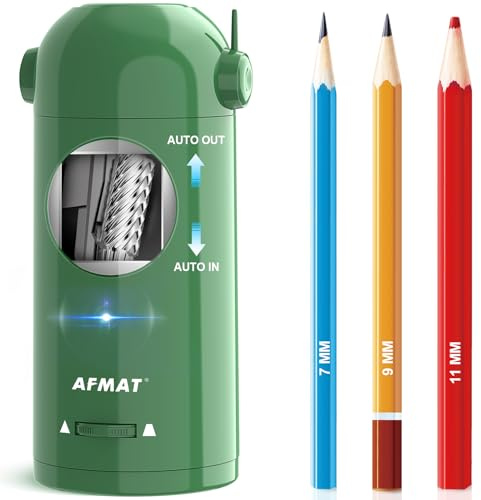 AFMAT Electric Pencil Sharpener, Fully Automatic Pencil Sharpener for Classroom, Robot Sharpeners for 7-11.5mm No.2/Jumbo/Colored Pencils, Auto in & Out, Rechargeable & Cordess, Hands-Free, PSX5,Green