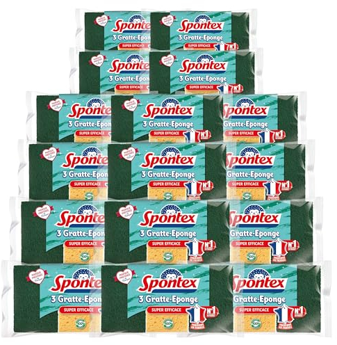 SPONTEX - Gratte-Eponge Super Efficace - 48 éponges grattantes vertes (16 Paquets de 3). Eponges vaisselle - Eponges multi usages