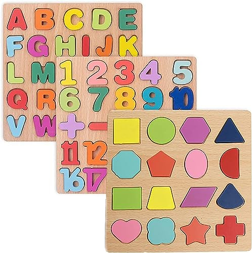 Holzpuzzle Kinder Steckpuzzle Holz Greifpuzzle 3 Stück Puzzle - Zahlen Buchstaben Grafiken ab 3+ Jahre Kinder Spielzeug für frühes Lernen Bildungsspiele