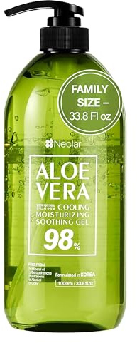 Neclar 98% Pure Aloe Vera Gel for Sunburn Relief - Big 33.8oz / 1000ml - Korean After Sun Care lotion For Face, Skin and Hair - Sun Burn Moisturizer Cream (33.8 Fl oz)