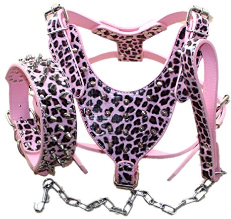 Serijoars Hundegeschirr und Halsband aus Leder, mit Spikes, geeignet für große Rassen, Pit Bull Terrier, Labrador, Dobermann, strapazierfähiges Ledergeschirr und Halsband-Leine, 3-teiliges Set