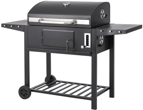 Sac Barbecue au charbon de bois, grande surface de cuisson, thermomètre, tables d'appoint pliables, plateau réglable, fumoir extérieur, revêtement en poudre, noir