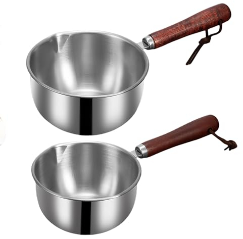 Lot de 2 casseroles à lait avec bec verseur : poêle en acier inoxydable 304 avec poignée en bois, casserole à lait à induction, casserole chaude, casserole à huile, petite casserole pour cuisinière à