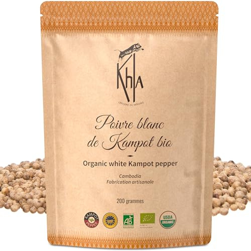 Khla - Poivre Blanc de Kampot Bio - Sachet Vrac Poivre en Grains 200g - Recharge Moulin - Grand Cru, Fort & Puissant - Ingrédient Cuisine - Direct Producteur - Épice Asie - Origine Cambodge