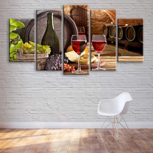 TETEOLALA Set Quadri Pronti Da Appendere 5 Pannelli Canvas Quadri Botte e bicchieri da vino Quadri Moderni Soggiorno Grandi Poster 5 Pannelli Per Arredare Casa Regalo