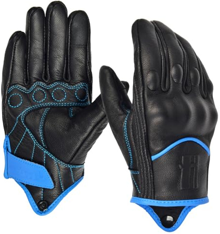 Harssidanzar Gants de Moto à écran Tactile en Cuir de chèvre à Doigt Complet pour Hommes GM028E, Noir/Bleu, Taille S