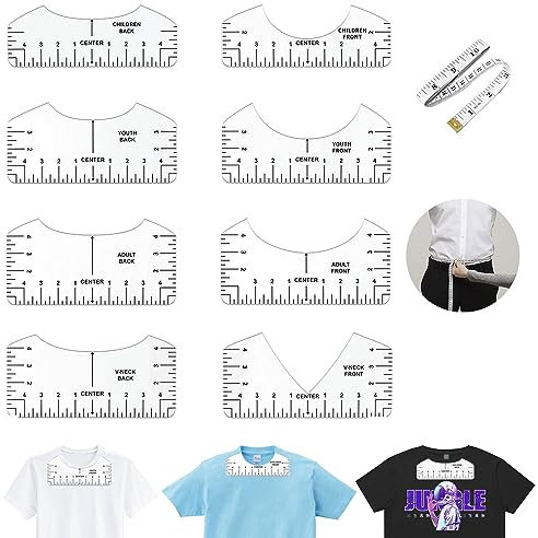 Kapokr 8 T-Shirt Ausrichtungslineal Plotter Zubehör mit 1 Weichen Maßband, Transparente Bügellineal DIY Tool Shirt für Gestalten T-Shirts mit Rundhalsausschnitt und V-Ausschnitt