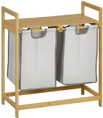 HOMCOM Bambus Wäschekorb 2 Fächer 81,2 L Wäschesammler mit 2 abnehmbaren Wäschesacke, Griff, Plattform, Laundry Baskets Wäschebox, für Waschküche Schlafzimmer Badezimmer Natur