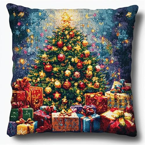 AMBATTERY Kit De Broderie Au Point De Croix Pré-Imprimé, arbre de Noël Coussin Décoratif Brodé Housse Coussin Point De Croix Kit Point Broderie Coussin Point De Croix Kit 45 * 45cm