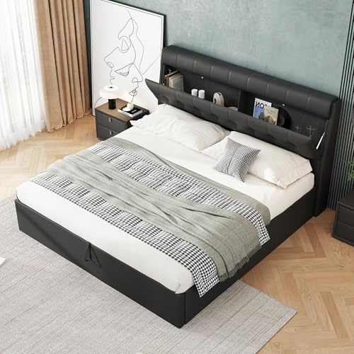 RIAZOS 4ft6 Ottoman Upholstered Double Bed 135x190cm With Hydraulic Storage, Concealed Headboard Storage, PU, Slats and Headboard, Without Mattress, Black