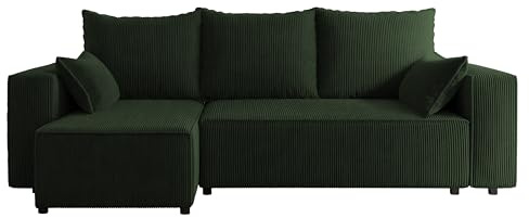4ALL HOME Ecksofa mit Schlaffunktion Tobi 246x145 cm - Couch - Sofa mit Bettkasten - Eckcouch - L-Form - Schlaffsofa - Schlafsofa mit Bettkasten - Universal (Cord Poso 14 Flaschengrün)