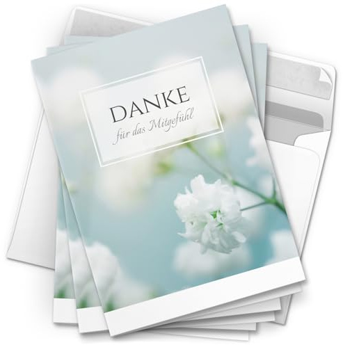 Danksagungskarten Trauer – 10 Klappkarten mit Umschlägen – Motiv: Zarte Blüte – Trauerkarten Danksagung mit Text – Dankeskarten Trauer nach Beerdigung
