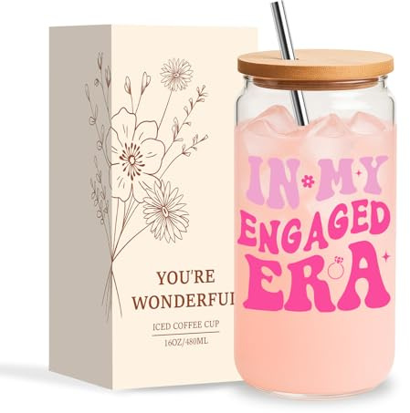 Jars Nova Verlobungsgeschenke für Frauen, Verlobungsgeschenk, Glasbecher | Verlobungsgeschenk für Paare, Eiskaffee-Glasbecher mit Deckel und Strohhalmen, Eiskaffee-Geschenk-Set für Freundin, Schwester