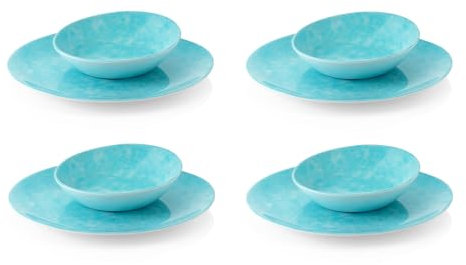 Luce Al Fresco Vaisselle en mélamine – Vaisselle d'extérieur aspect porcelaine, légère et incassable – Assiette, bol pour pique-nique, balcon, jardin et camping (set de vaisselle 8 pièces, turquoise)