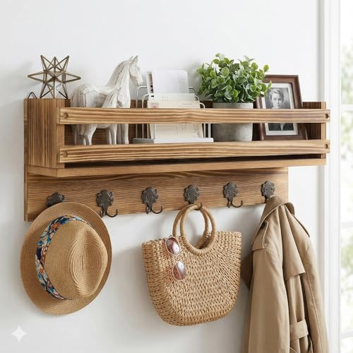 Bekrvio Pine Wood Coat Hooks Wall Mounted with Shelf and 6 Hooks, Wall Storage Cabinet Unit for Entryway, Hallway, Kitchen or Living Room, 58 × 13.5 × 22 CM