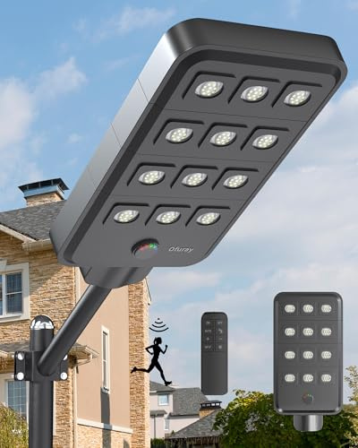 Ofuray Of-12600W Lampadaire Solaire Exterieur avec Detecteur de Mouvement | 6500K Projecteur Led Solaire Puissante, IP67 Étanche Lampe Solaire Extérieurs pour Jardin, Cour , Garage