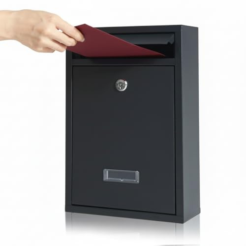 Wall Mounted Letter Box Mailbox - Lockable Steel Post Box with 2 Keys, Weatherproof, Rust-Resistant, Outdoor Wall Mail Storage (32cm H x 21.5cm W x 9cm D)