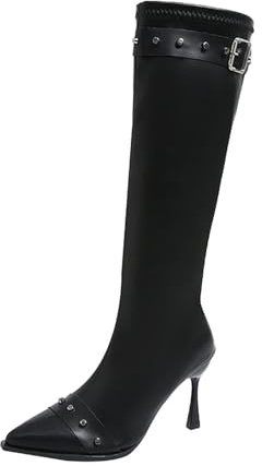Stivali alti da donna eleganti in pelle con punta aguzza stivaletti con tacco alto stivaletti al ginocchio con fibbia, borchie e cerniera laterale stivaletti da donna facili da indossare, Nero , 38 EU
